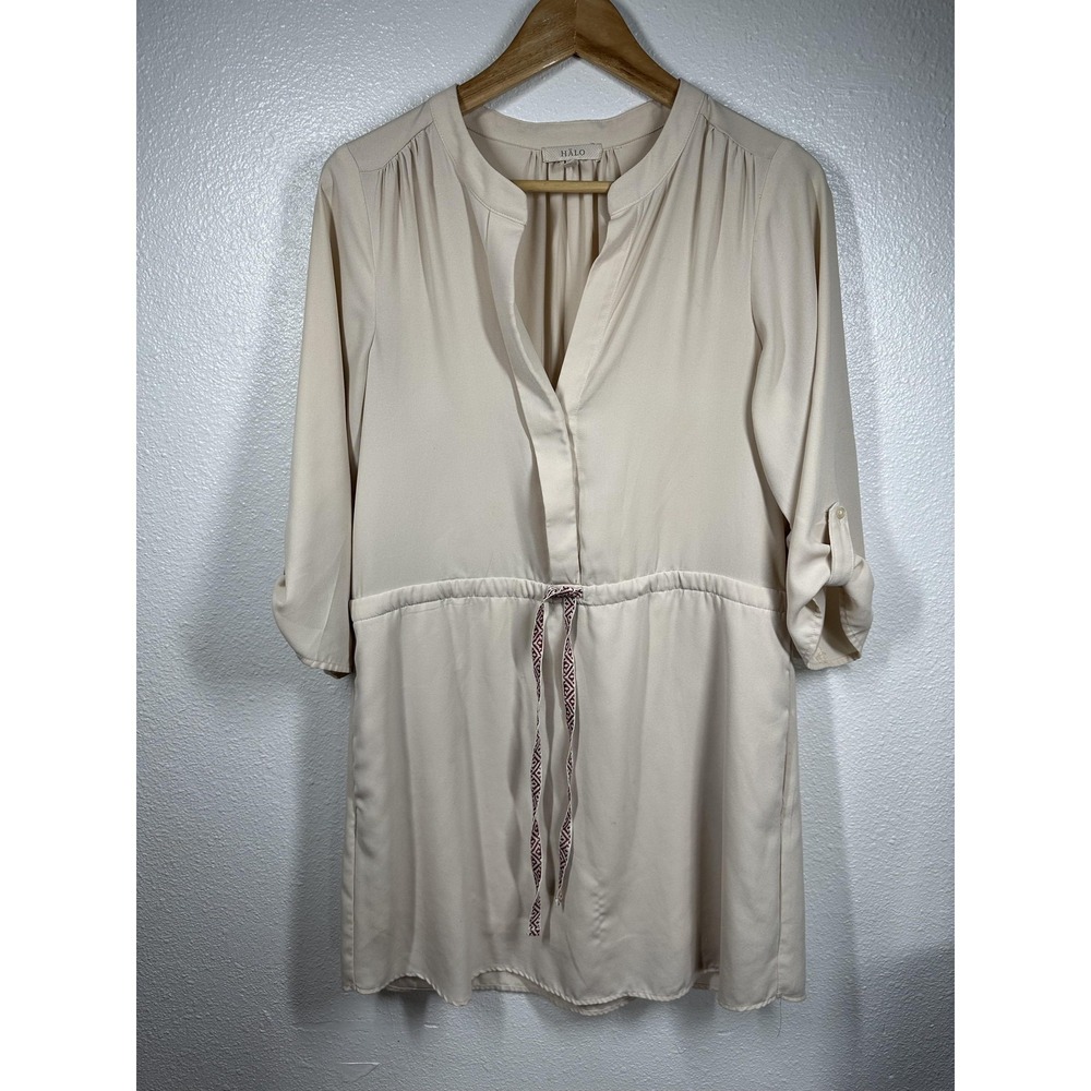 HALO Shirt Womens Medium Beige Tunic Roll Tab Sleeve Split Neck Drawstring Waist